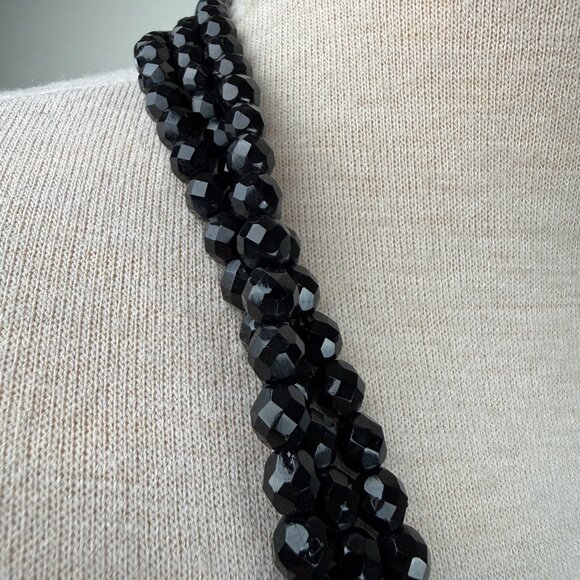 Vintage Faceted Black Crystal Triple Strand Bead Necklace Rhinestone Accents - Picture 5 of 9
